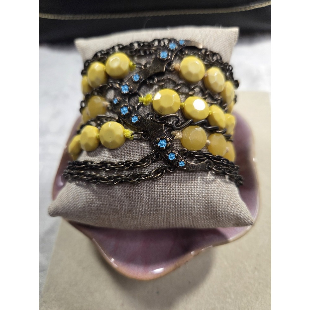Vintage Art Nouveau Style Bronze Tone Yellow Bead Multi Chain Bracelet